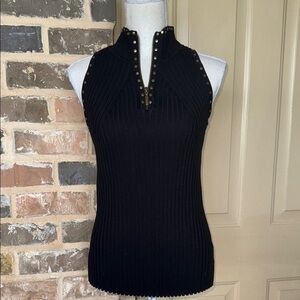 Fontana Black Sleeveless Ribbed Top Zip Mock Neck Brass Studded Trim Stretchy